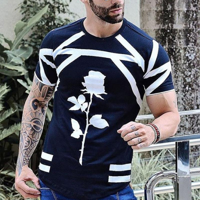 Men's Round Neck Solid Color Fashion Rose Print Short Sleeve T-shirt