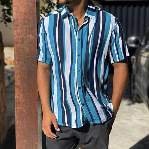 Men Striped Print Short Sleeves Shirt
