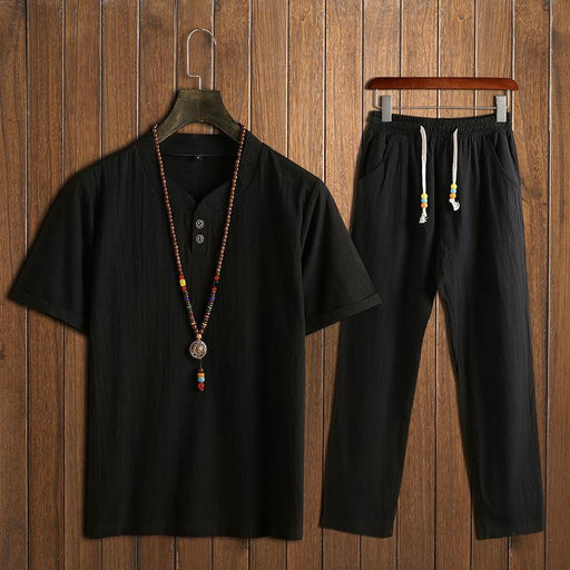 Chinese Man Style Tax Two Short Sleeve Buckle T-shirt + Trousers Two Pieces Random