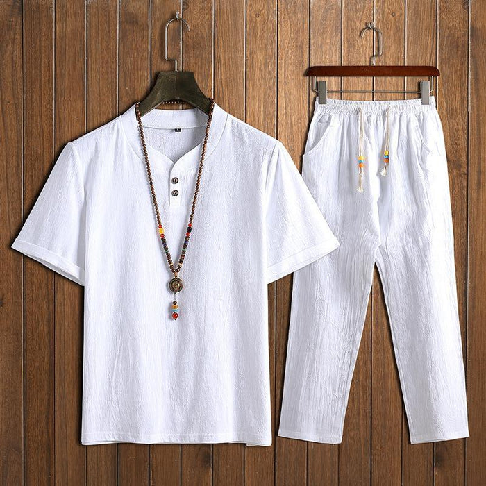 Chinese Man Style Tax Two Short Sleeve Buckle T-shirt + Trousers Two Pieces Random