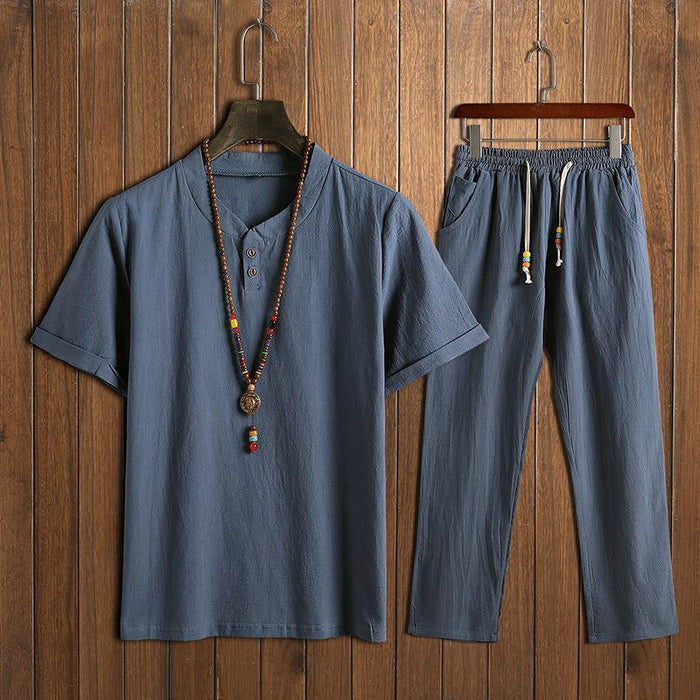 Chinese Man Style Tax Two Short Sleeve Buckle T-shirt + Trousers Two Pieces Random
