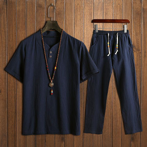 Chinese Man Style Tax Two Short Sleeve Buckle T-shirt + Trousers Two Pieces Random