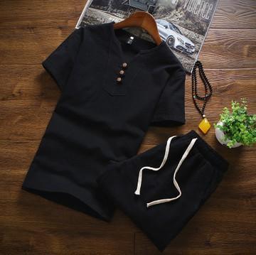 Men's Summer Three Button Chinese Linen Casual Short Sleeve T-Shirt Set