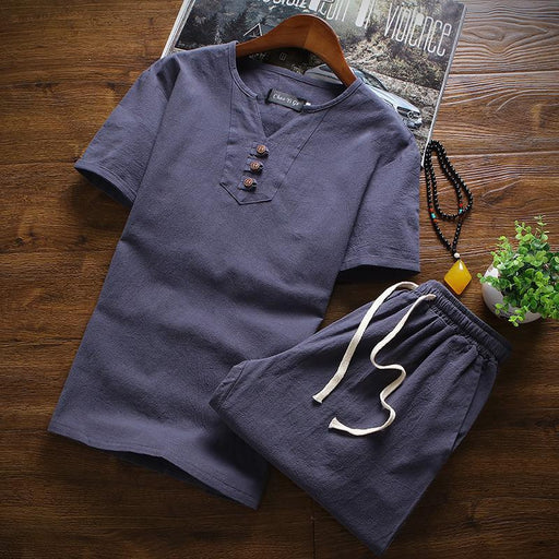 Men's Summer Three Button Chinese Linen Casual Short Sleeve T-Shirt Set