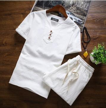 Men's Summer Three Button Chinese Linen Casual Short Sleeve T-Shirt Set