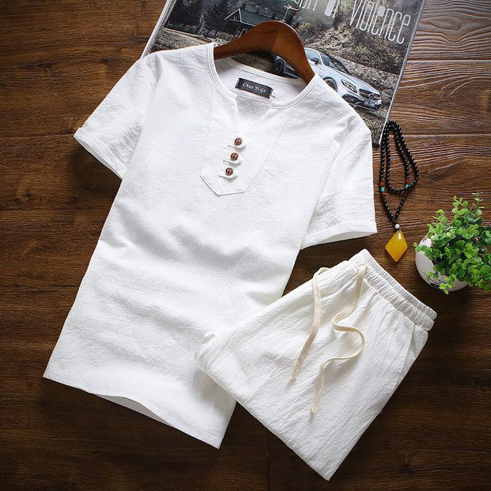Men's Summer Three Button Chinese Linen Casual Short Sleeve T-Shirt Set
