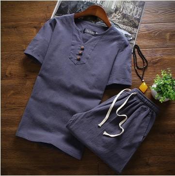 Men's Summer Three Button Chinese Linen Casual Short Sleeve T-Shirt Set