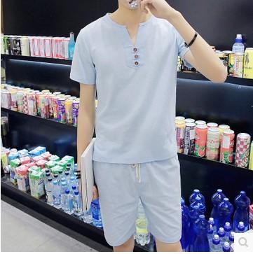 Men's Summer Three Button Chinese Linen Casual Short Sleeve T-Shirt Set
