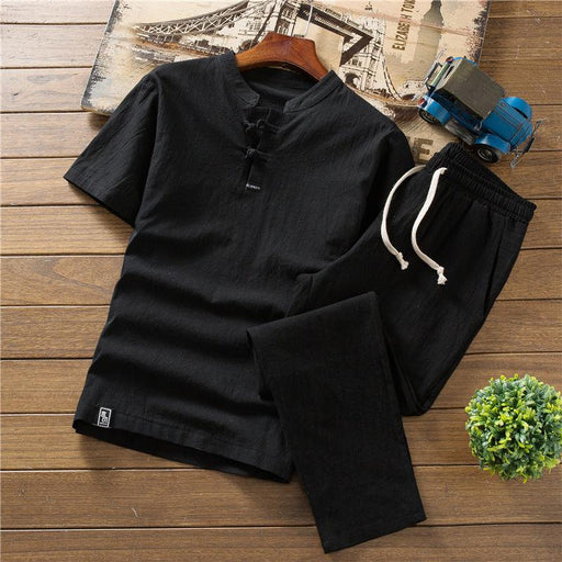 Men's Cotton Linen Short-sleeved T-shirt Shorts Summer Casual Outdoor Sports Set