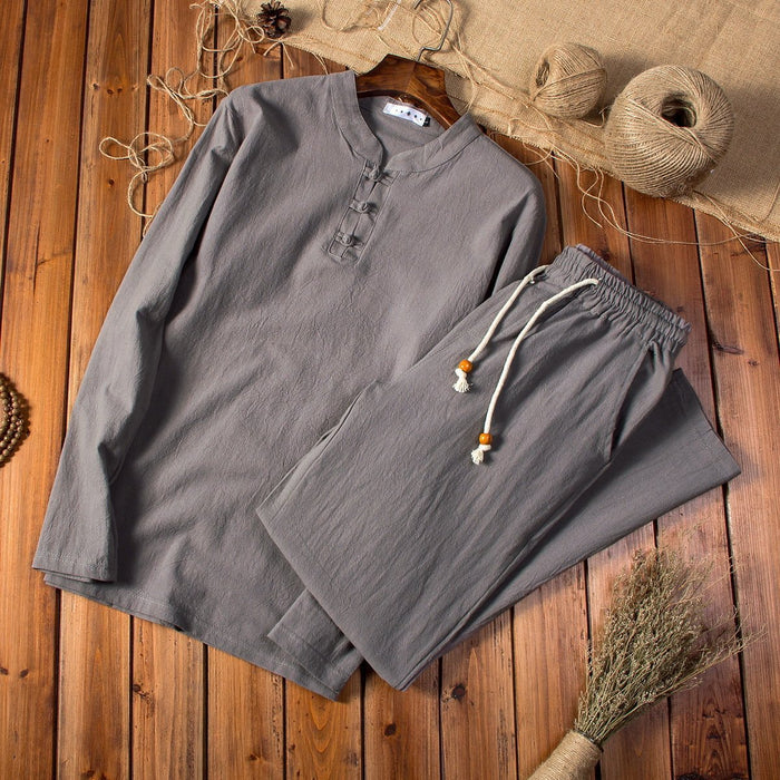 Chinese Style Casual Set Solid Color Cotton Linen Men's Long-sleeved T-shirt Trousers Two-piece