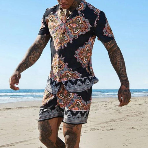 Men's Casual Holiday Printed Shirt Shorts Two-piece Suit