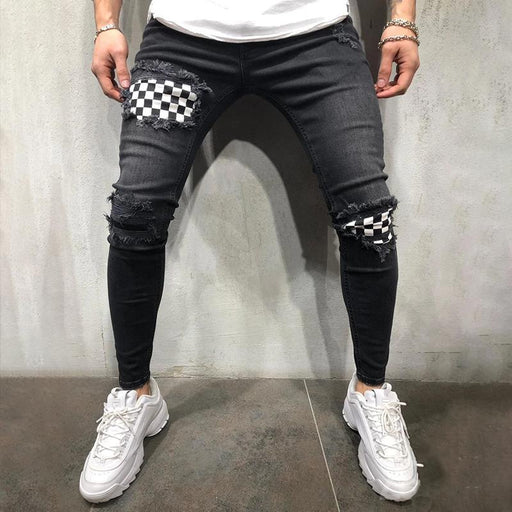 Men's Ripped Plaid Skinny Stretch Distressed Jeans