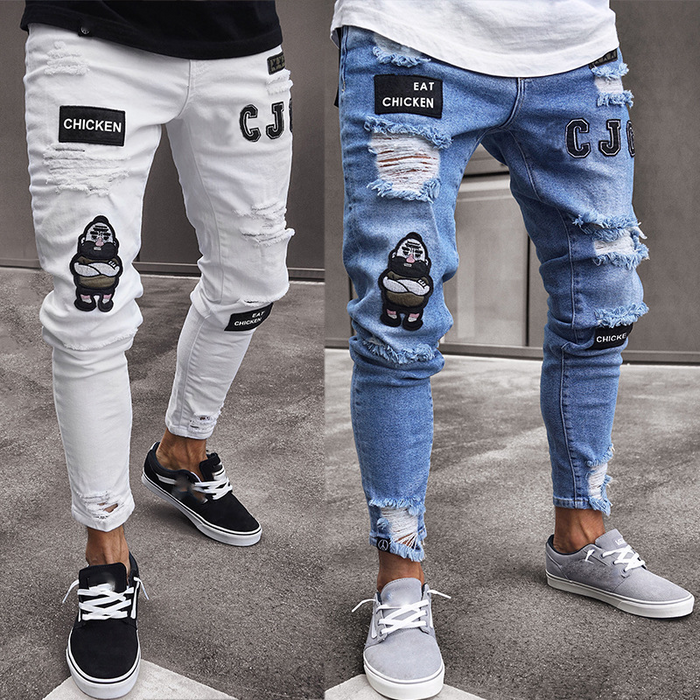 Men's Patchwork Embroidered Ripped Skinny Jeans