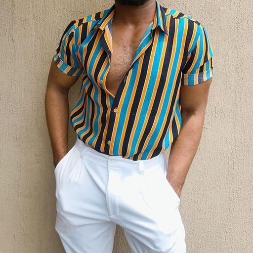 Men Casual Striped Short Sleeves Lapel Shirt