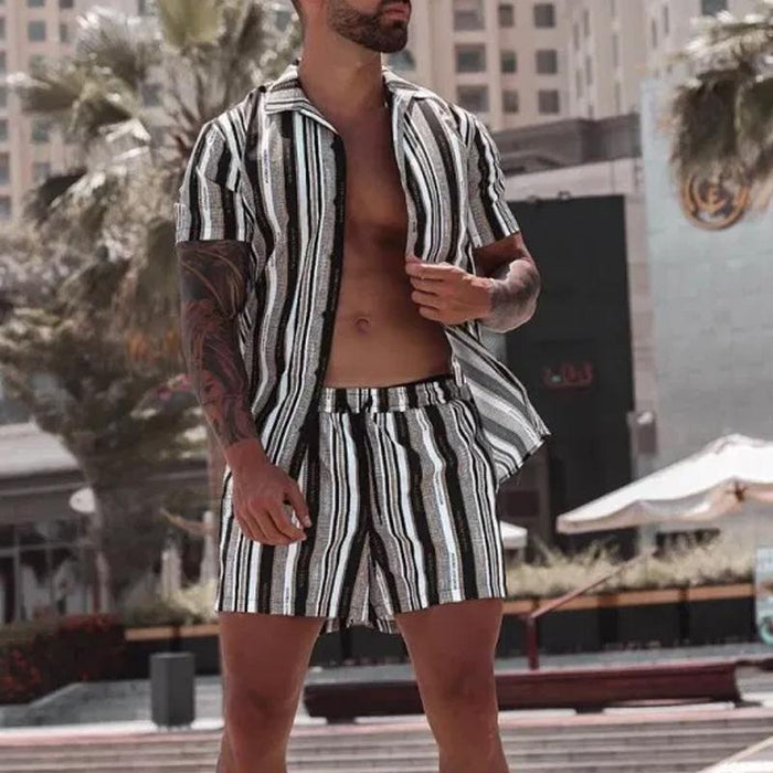 Men's Casual Holiday Printed Shirt Shorts Two-piece Suit