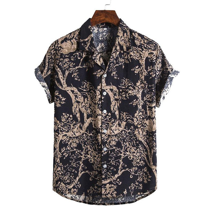 Men'S Casual Beach Cotton And Linen Printed Shirt