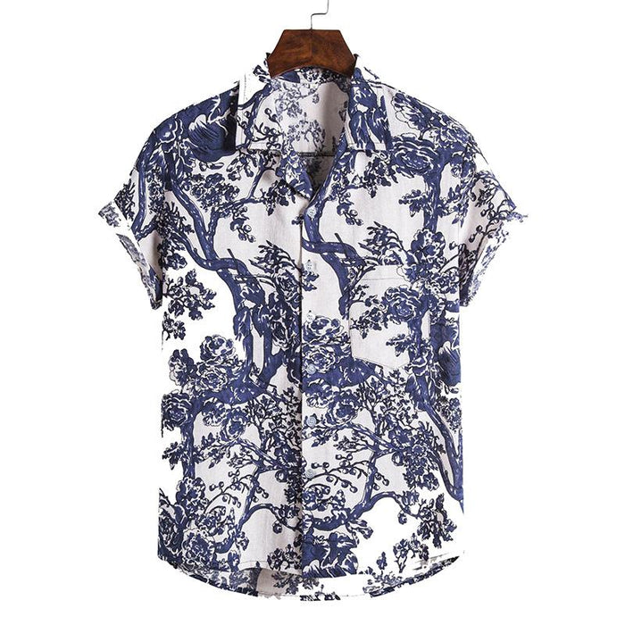 Men'S Casual Beach Cotton And Linen Printed Shirt