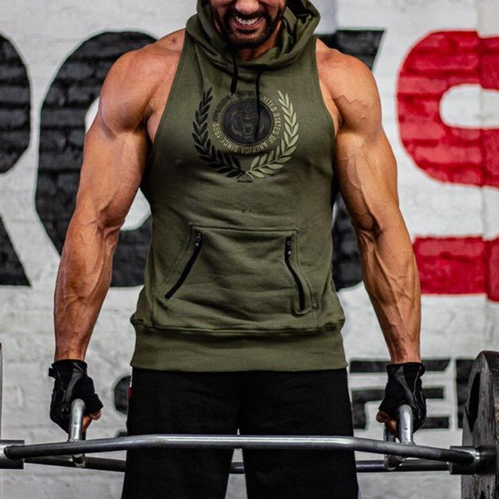 Men's Casual Sports Hooded Printed Sleeveless Vest T-shirt