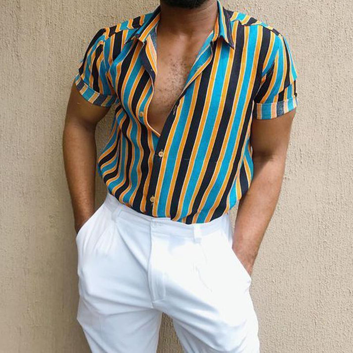 Men Casual Striped Short Sleeves Lapel Shirt