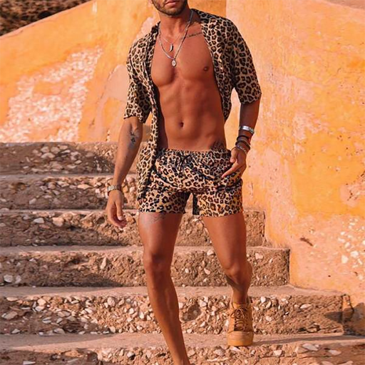 Men's Casual Leopard Print Beach Short Sleeve Shirt Suit