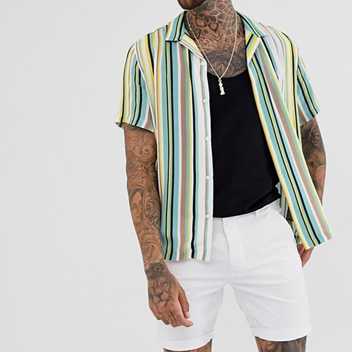 Men Lapel Short Sleeve Striped Printed Shirts