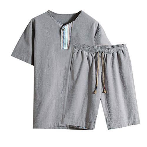 Summer Fashion Men's Cotton and Linen Short Sleeve Shorts Set Suit Tracksuit