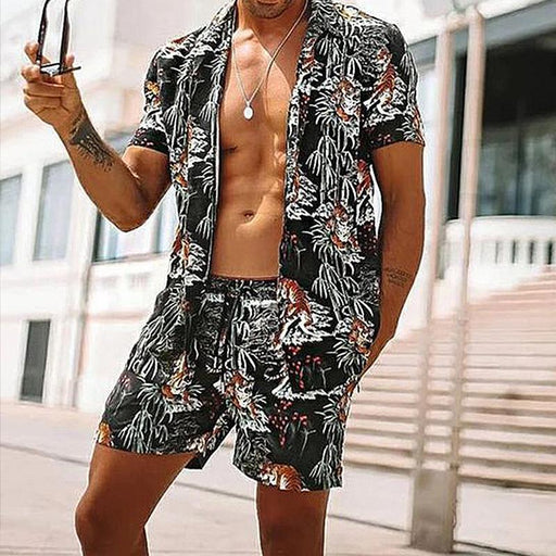 Men's Casual Holiday Printed Shirt Shorts Two-piece Suit
