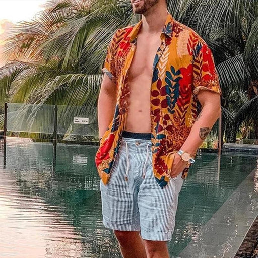 Men's Casual Holiday Leaf Print Short Sleeve Shirt