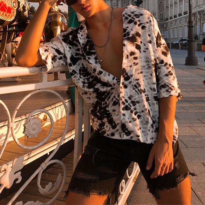 Men Lapel Floral Short Sleeves Shirts