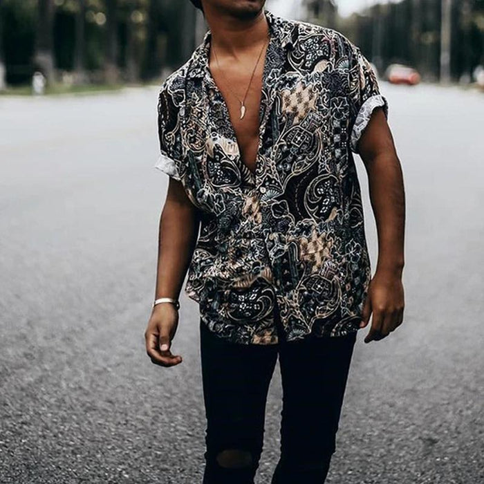 Hawaiian Black Beach Print Short Sleeve