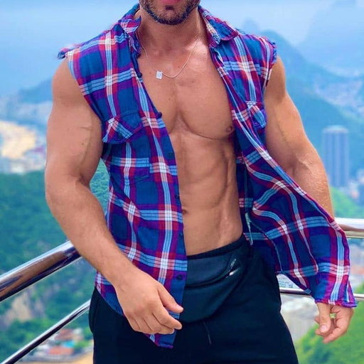 Men's Casual Fashion Plaid Printed Sleeveless T-shirt
