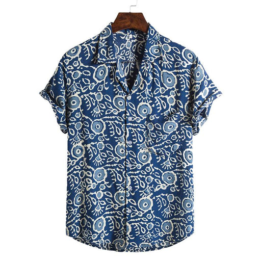 Men'S Cotton And Linen Floral Print Short-Sleeved Shirt