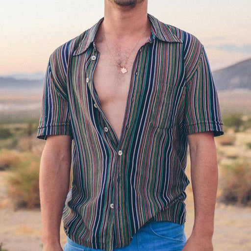 Men Retro Striped Printed Short Sleeves Shirt