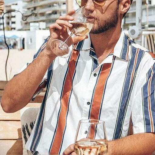Men'S Striped Lapel Button Short Sleeve Shirt