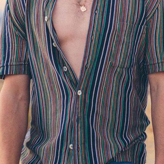 Men Retro Striped Printed Short Sleeves Shirt