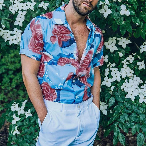 Men's Casual Fashion Flower Print Short Sleeve Shirt