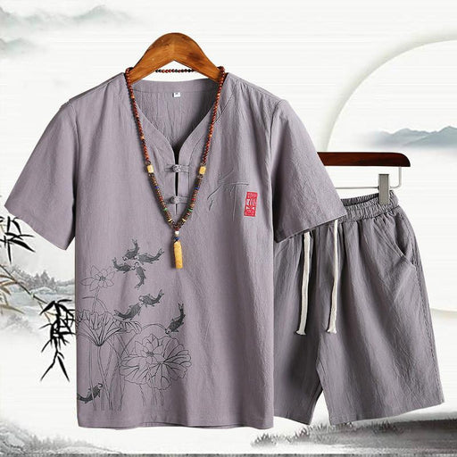 Chinese Style Cotton Linen Sets Men's Solid Color V-neck Short-sleeved T-shirt Shorts