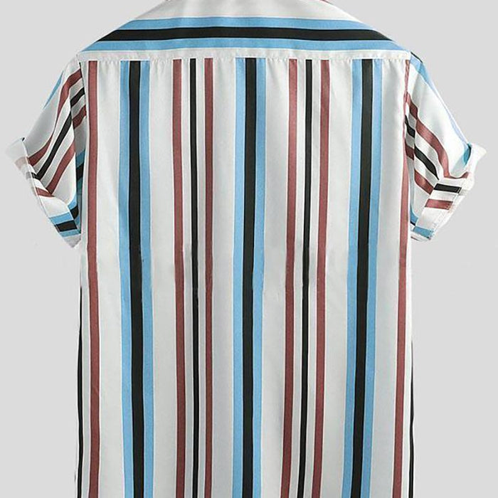 Men Blue Striped Printed Lapel Shirt