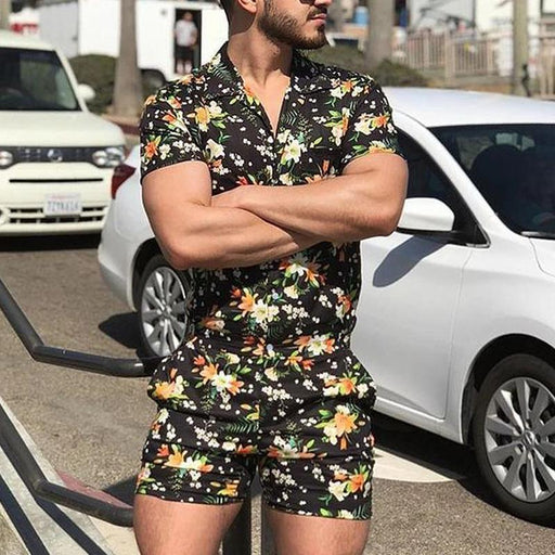 Men's Casual Holiday Printed Shirt Shorts Two-piece Suit