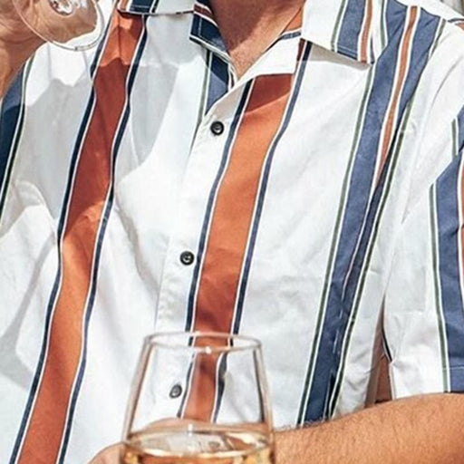 Men'S Striped Lapel Button Short Sleeve Shirt