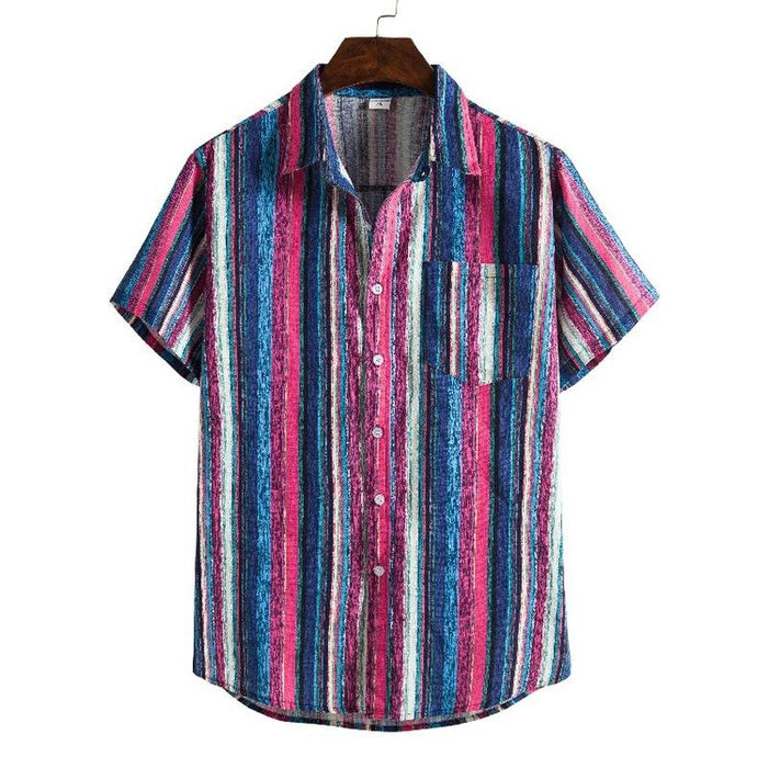 Men'S Summer Striped Short Sleeve Loose Shirt