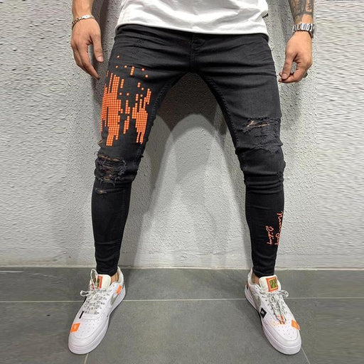Men's Casual Slim Fit Printed Holes Trousers Jeans