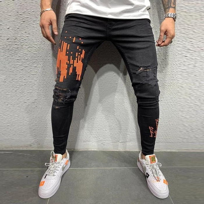 Men's Casual Slim Fit Printed Holes Trousers Jeans