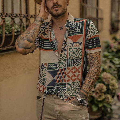 Men Fashion Vintage Pattern Printed Shirts Tops