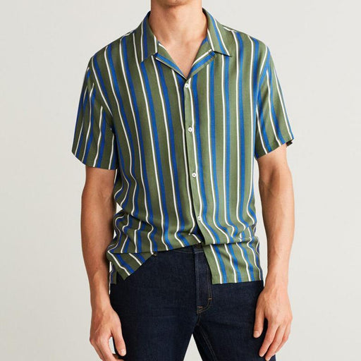 Men Lapel Striped Print Short Sleeves Shirt
