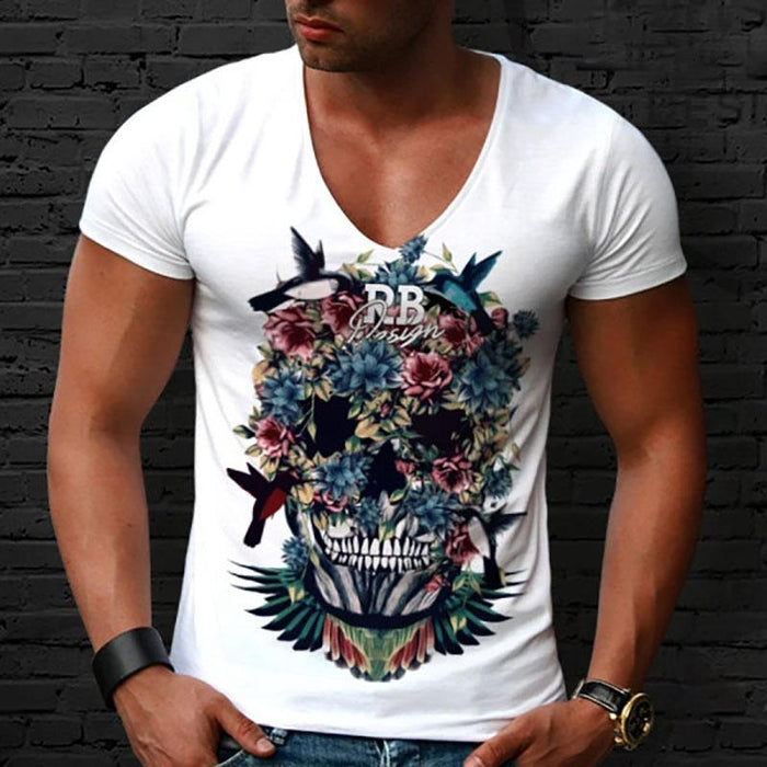 Men's V-neck Short Sleeve Skull T-shirt