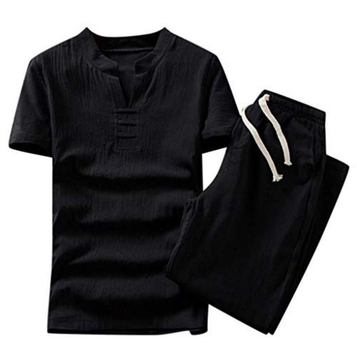 Men Shorts Suit Summer Fashion Casual Cotton Linen Short Sleeve Tracksuit