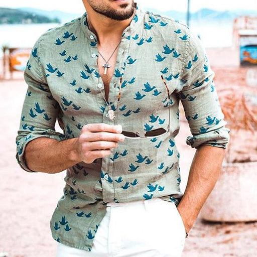 Men's Casual Holiday Cotton and Linen Printed Short-sleeved Shirt