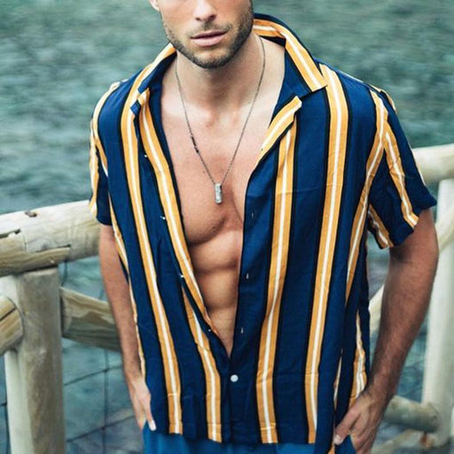 Men Casual Striped Short Sleeves Lapel Shirt