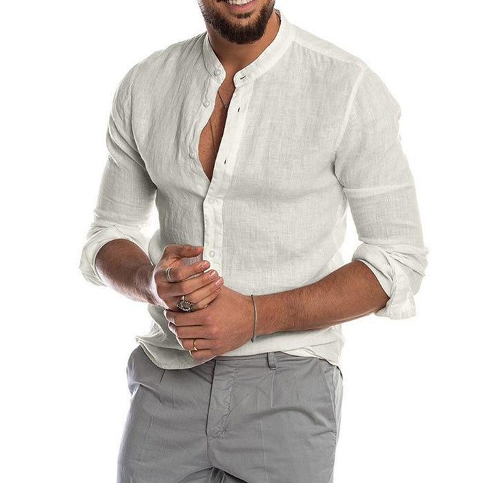 Men'S Linen Button Stand Collar Long Sleeve Shirt
